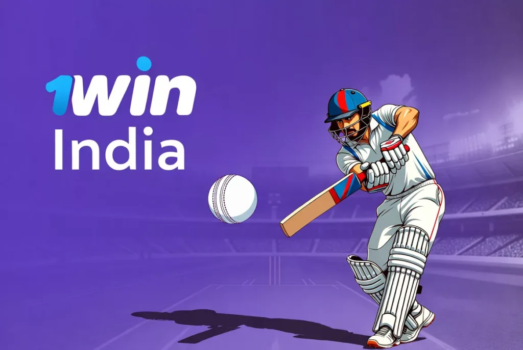 banner for 1win India featuring an energetic Indian cricketer in blue national team jersey and helmet powerfully hitting a white cricket ball with a wooden bat, set against a brightly lit stadium with floodlights, confetti, and the large '1win INDIA' logo in blue and white